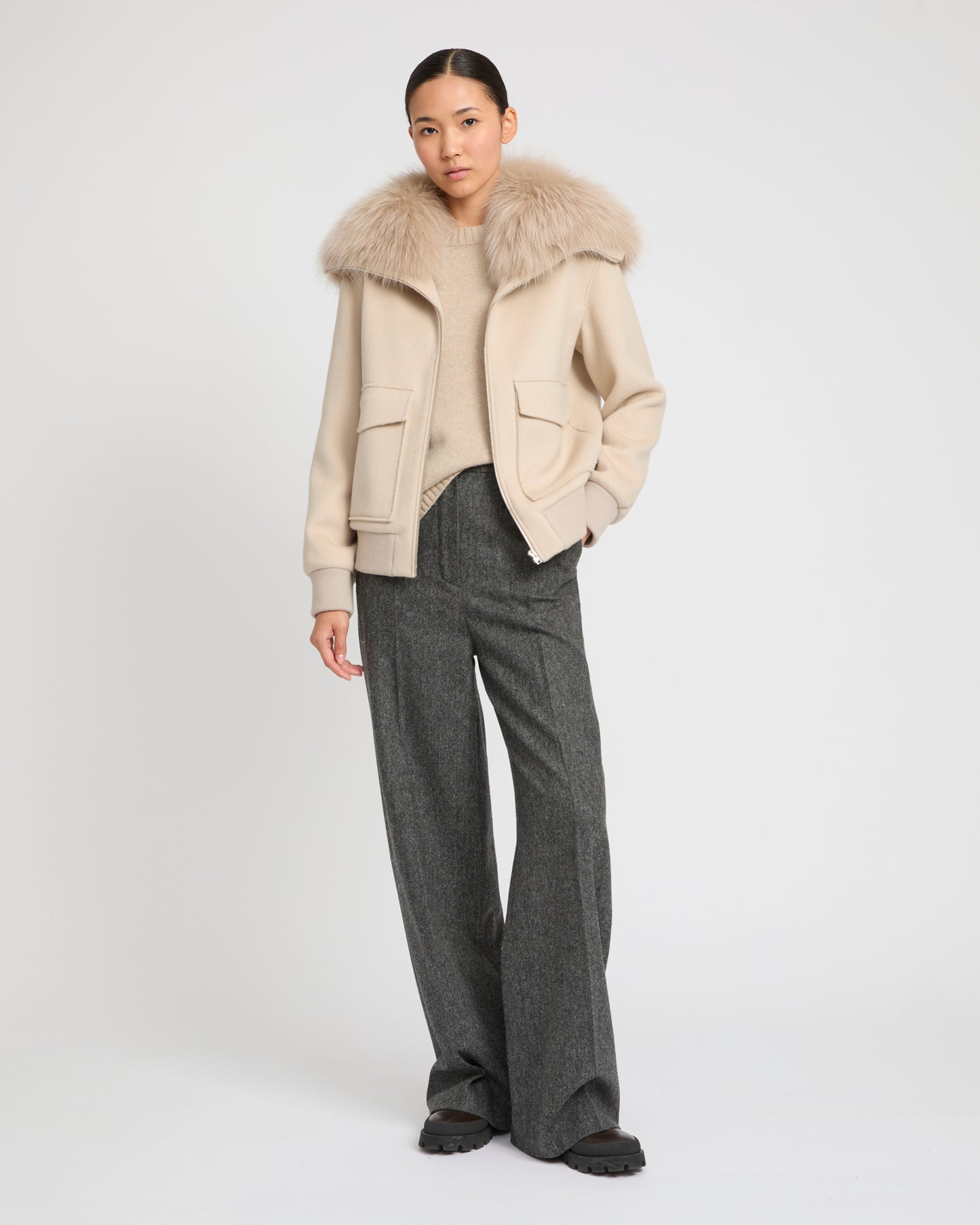 Cropped jacket in cashmere wool with fox fur collar -Yves Salomon