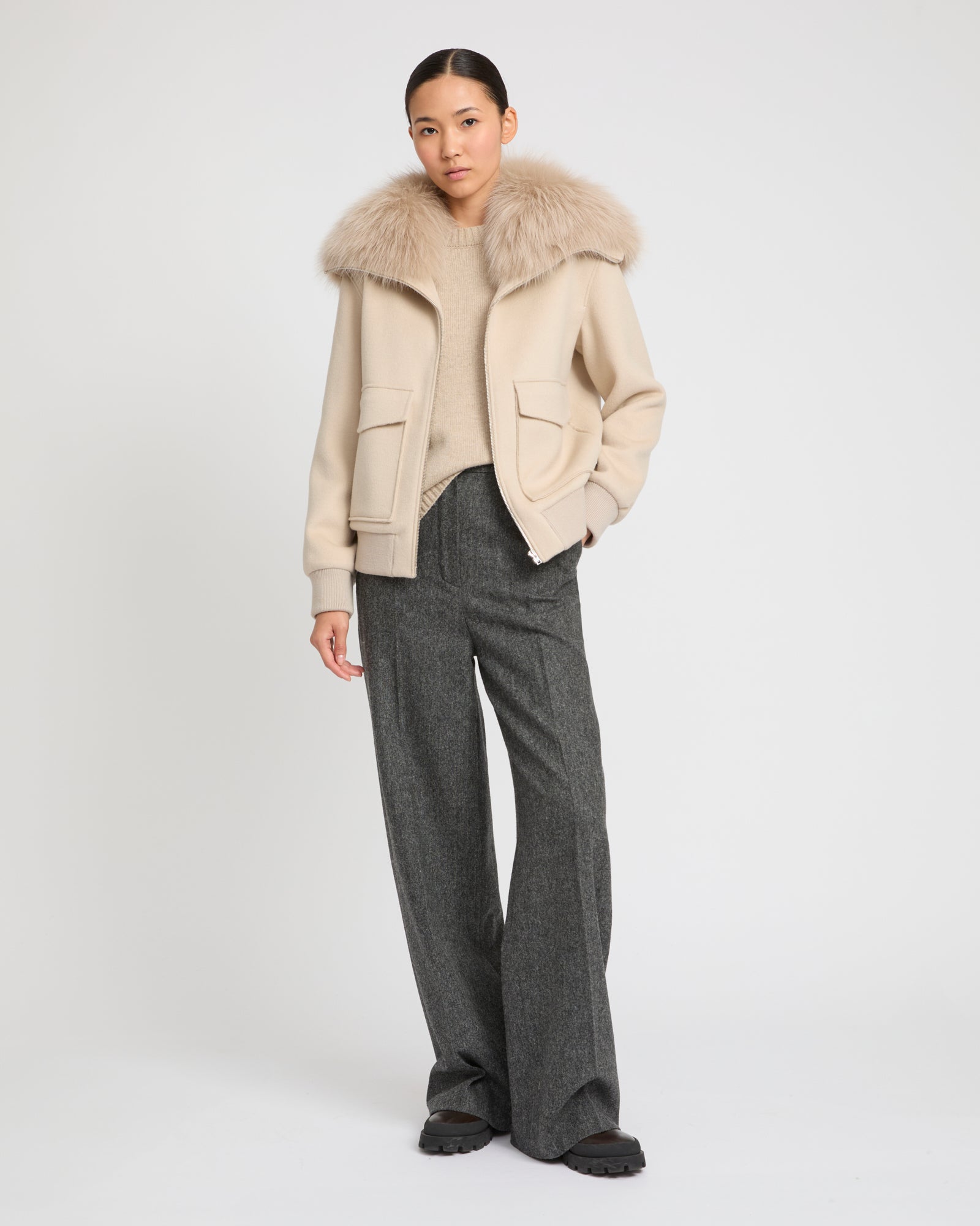 Cropped jacket in cashmere wool with fox fur collar -Yves Salomon