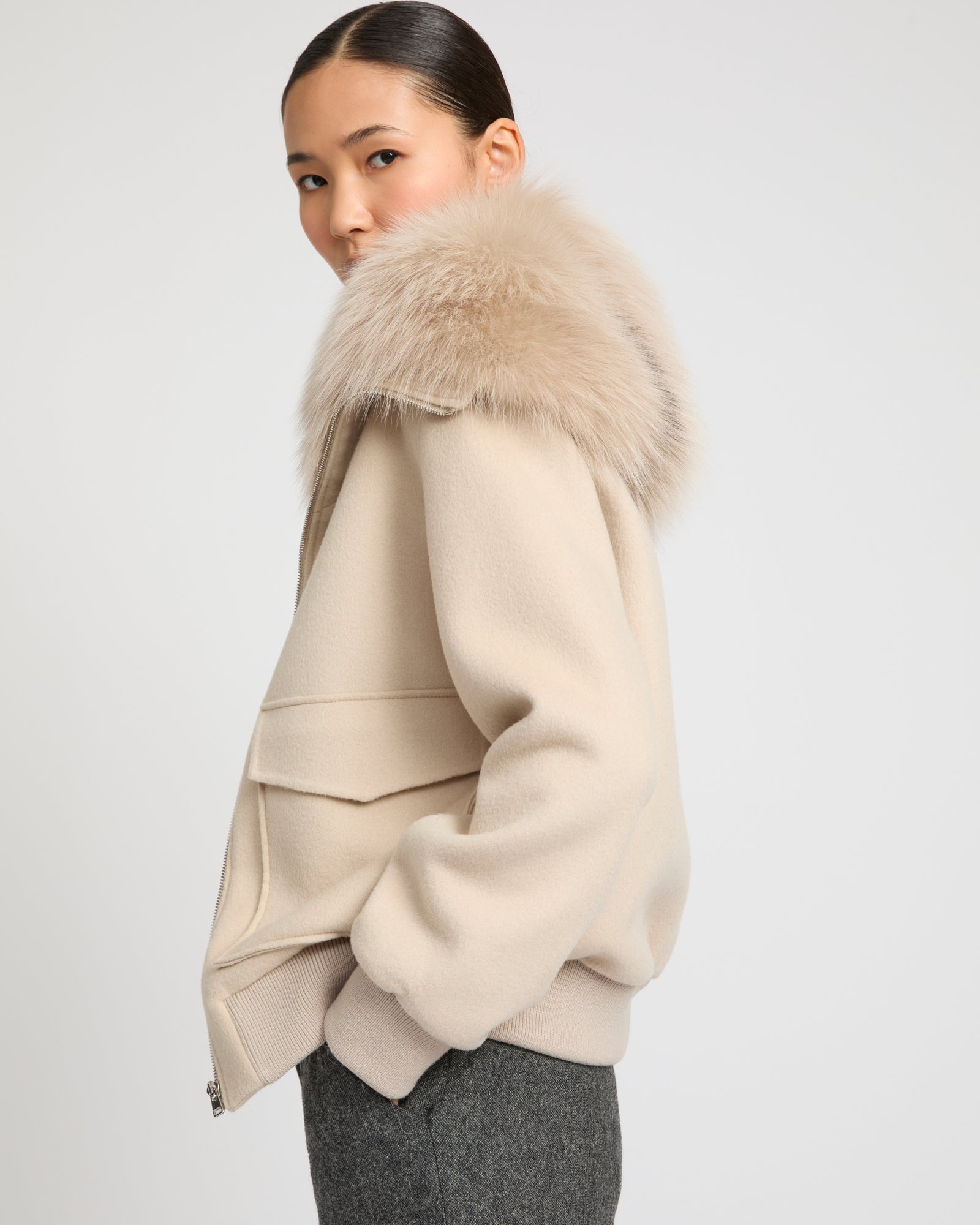 Cropped jacket in cashmere wool with fox fur collar -Yves Salomon
