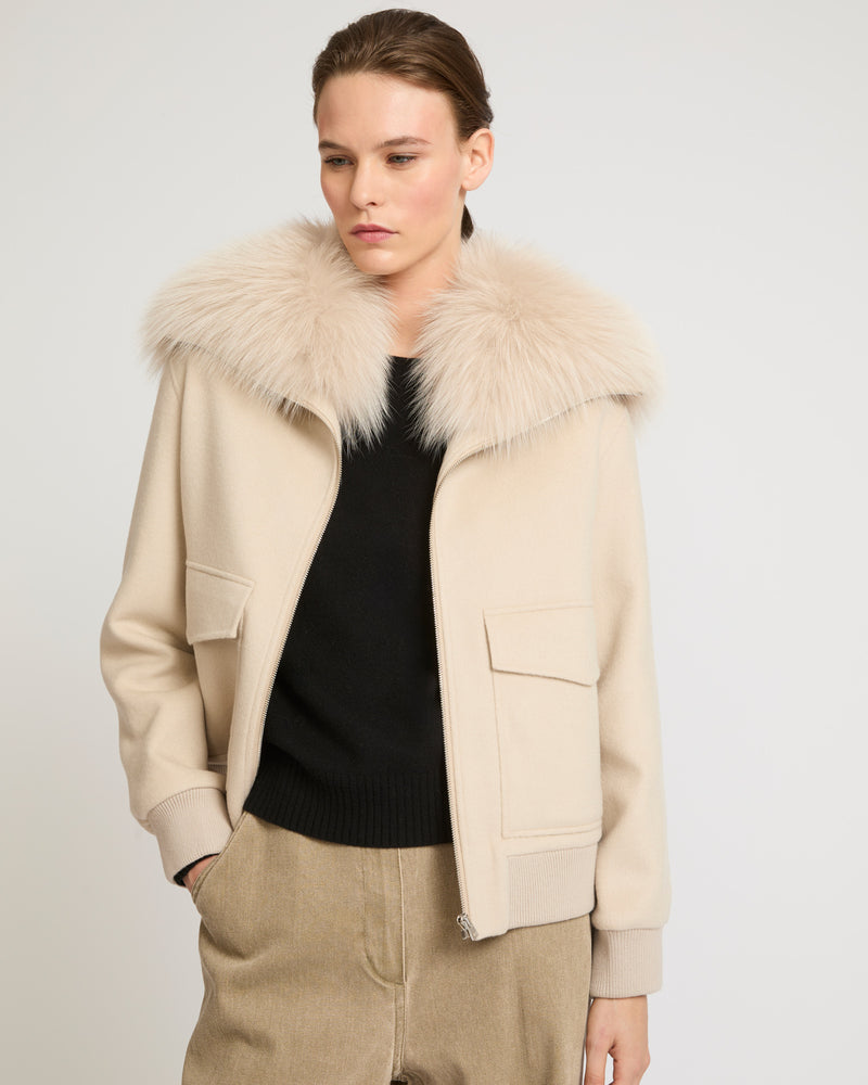 Cropped jacket in cashmere wool with fox fur collar - beige - Yves Salomon