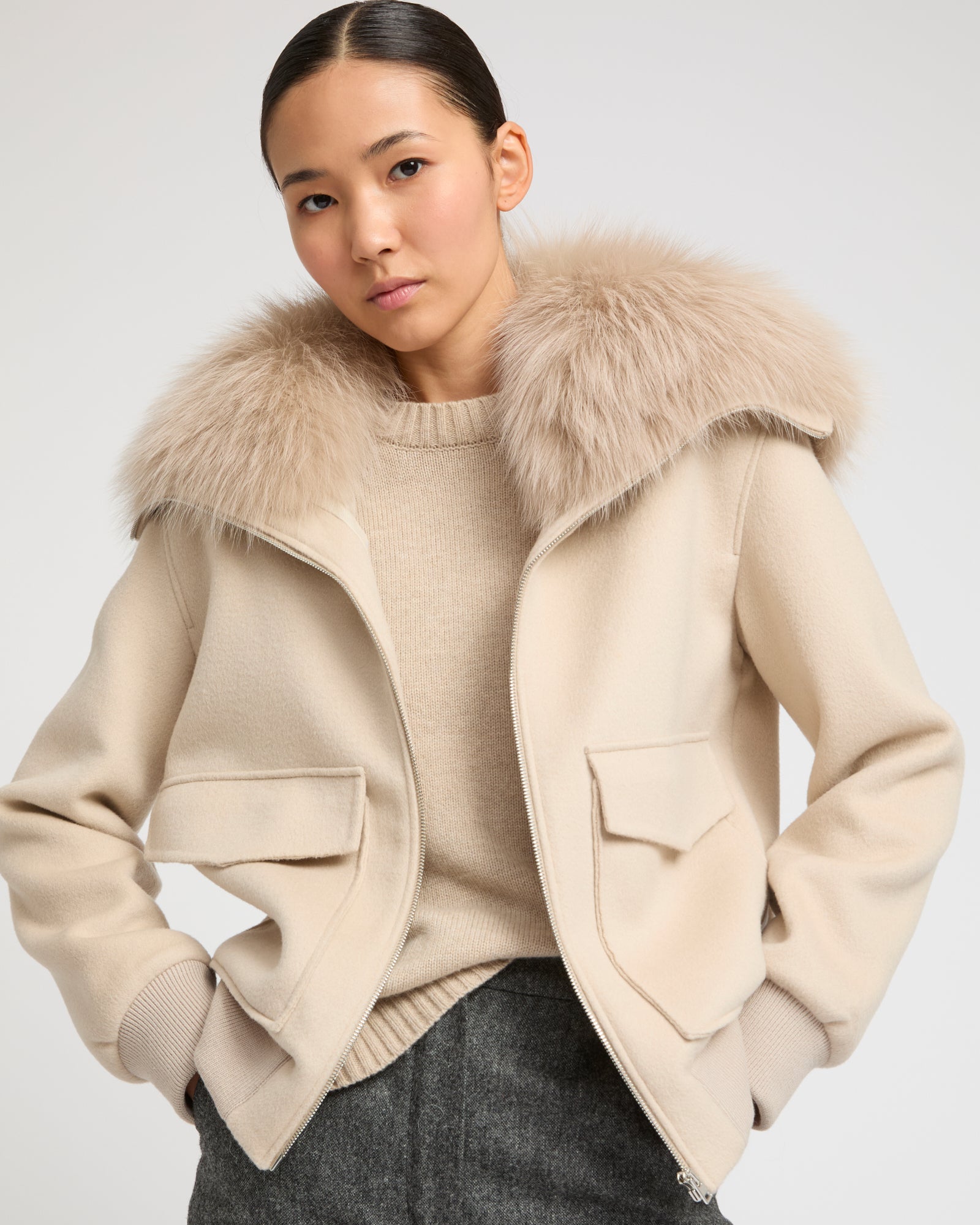 Cropped jacket in cashmere wool with fox fur collar -Yves Salomon