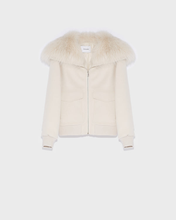Cropped jacket in cashmere wool with fox fur collar - pinkish beige - Yves Salomon