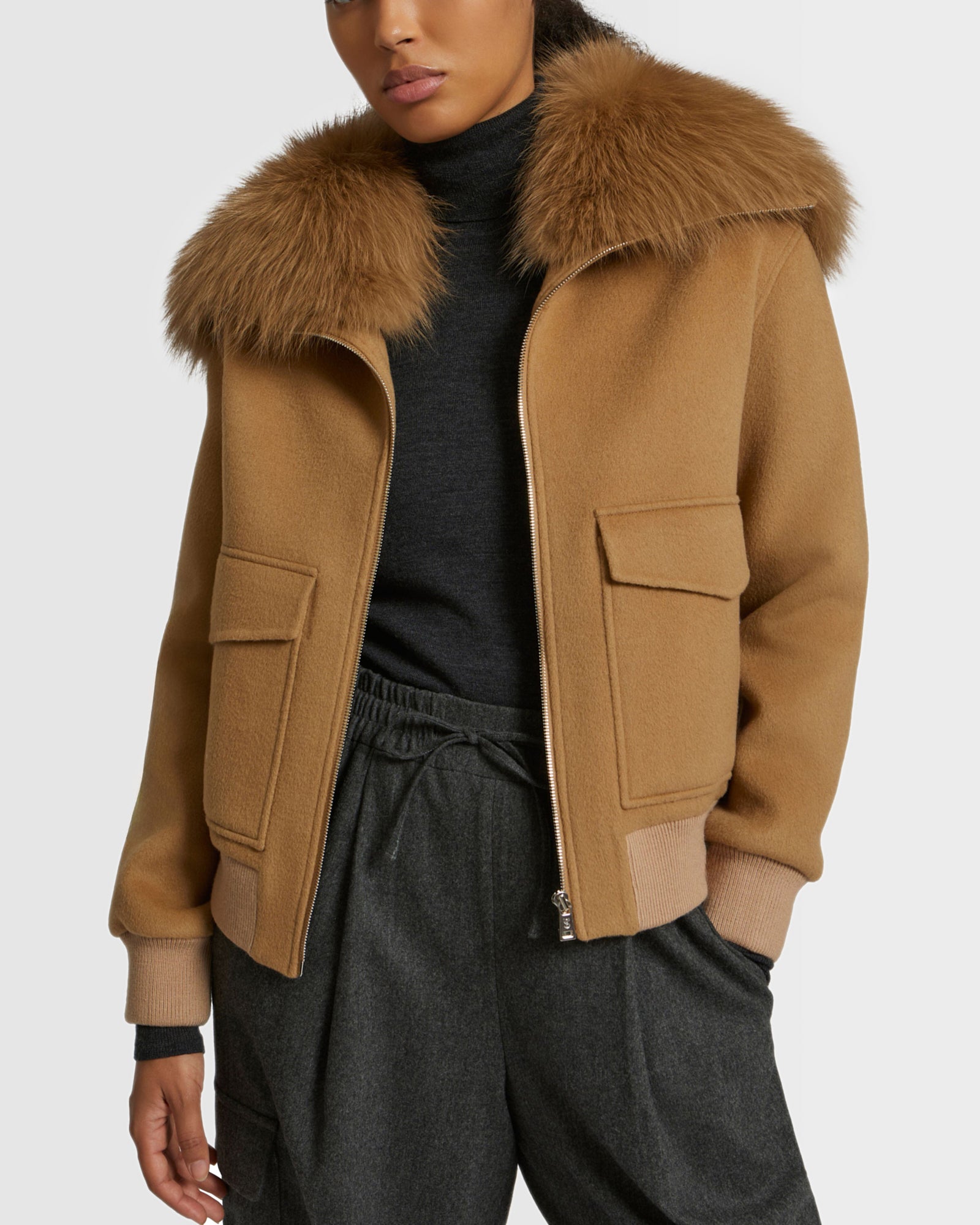 Cropped jacket in cashmere with fox fur collar - beige - Yves