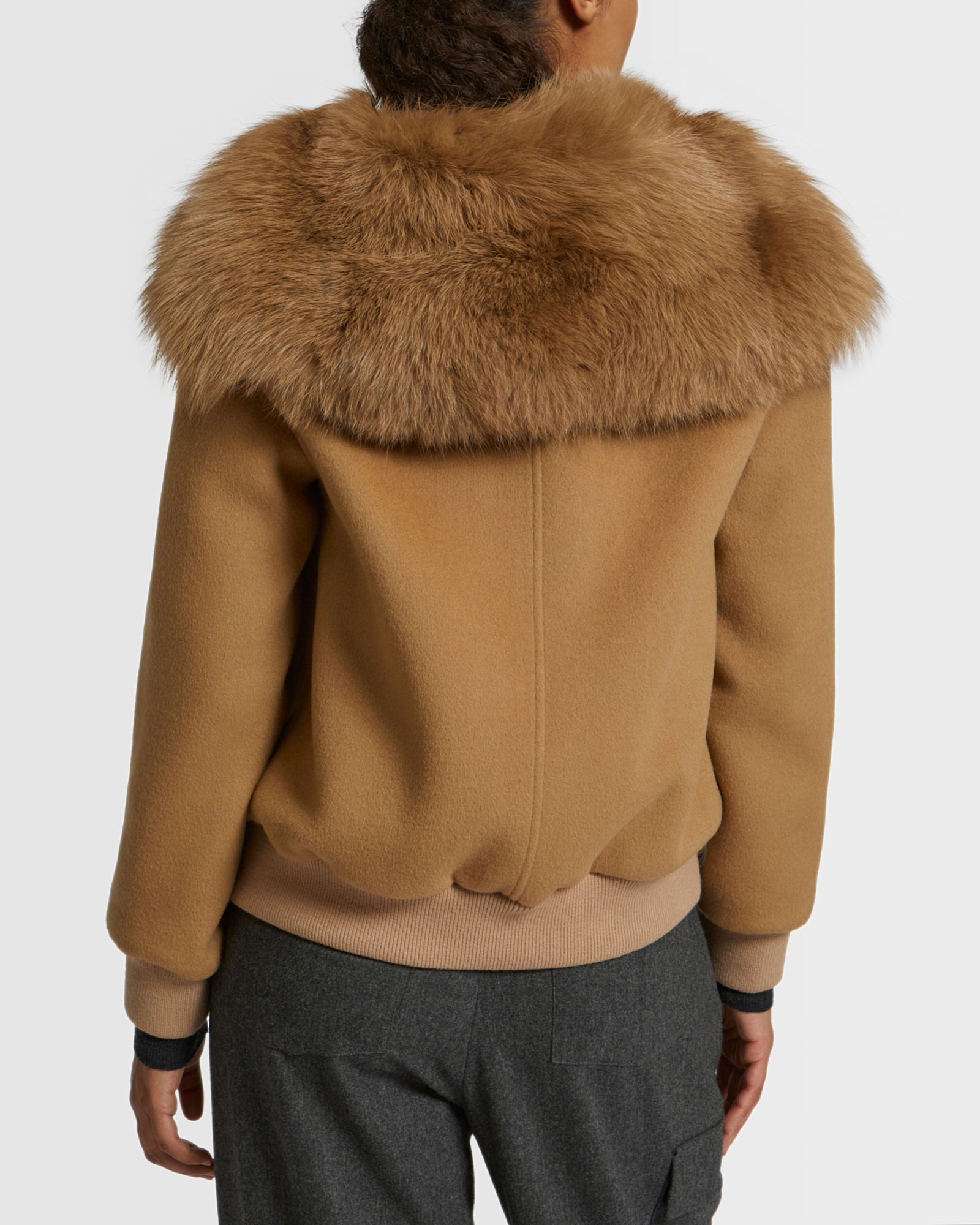 Cropped jacket in cashmere with fox fur collar - beige - Yves