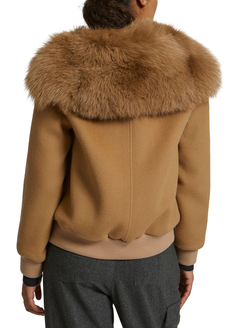 Cropped jacket in cashmere wool with fox fur collar