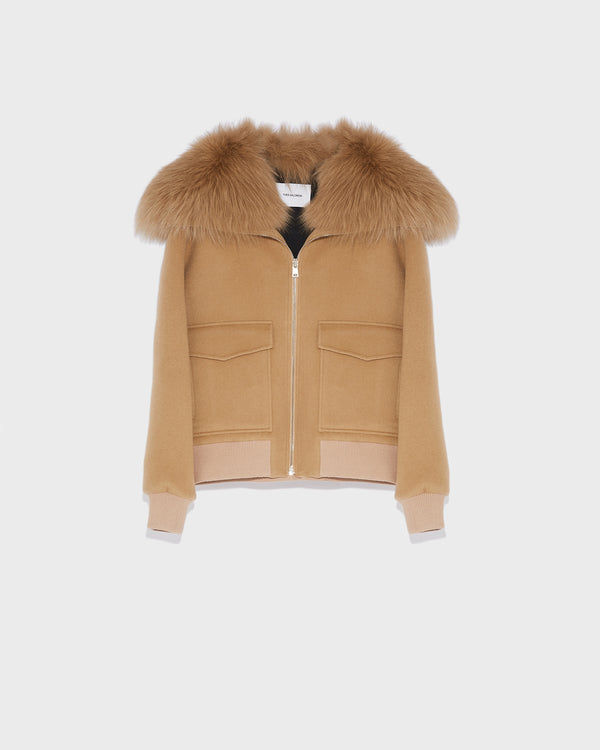 Cropped jacket in cashmere wool with fox fur collar - beige - Yves Salomon