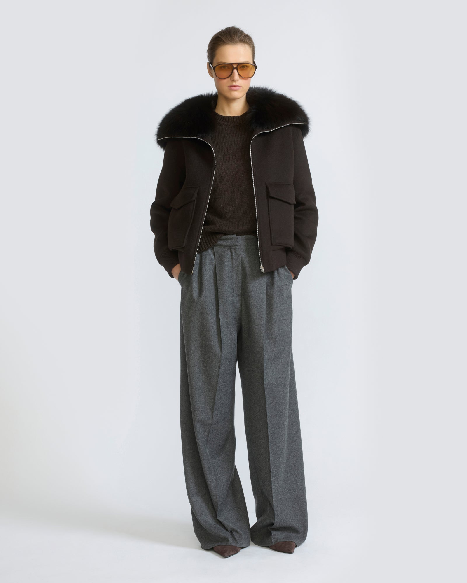 Cropped jacket in cashmere wool with fox fur collar - Yves Salomon - New Fall/Winter Collection