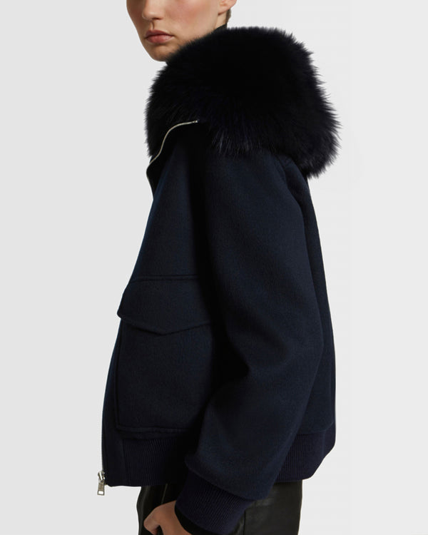 Cropped jacket in cashmere wool with fox fur collar