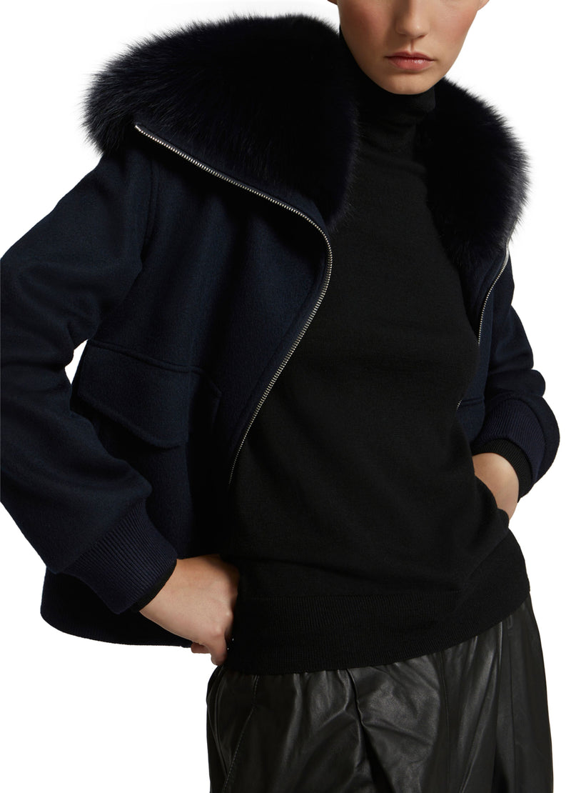 Cropped jacket in cashmere wool with fox fur collar