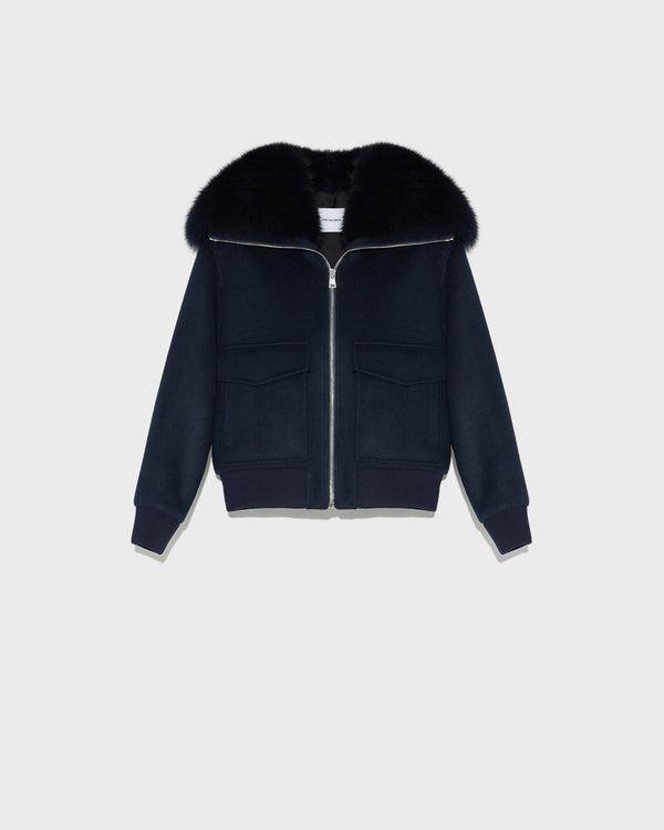 Cropped jacket in cashmere wool with fox fur collar - navy - Yves Salomon