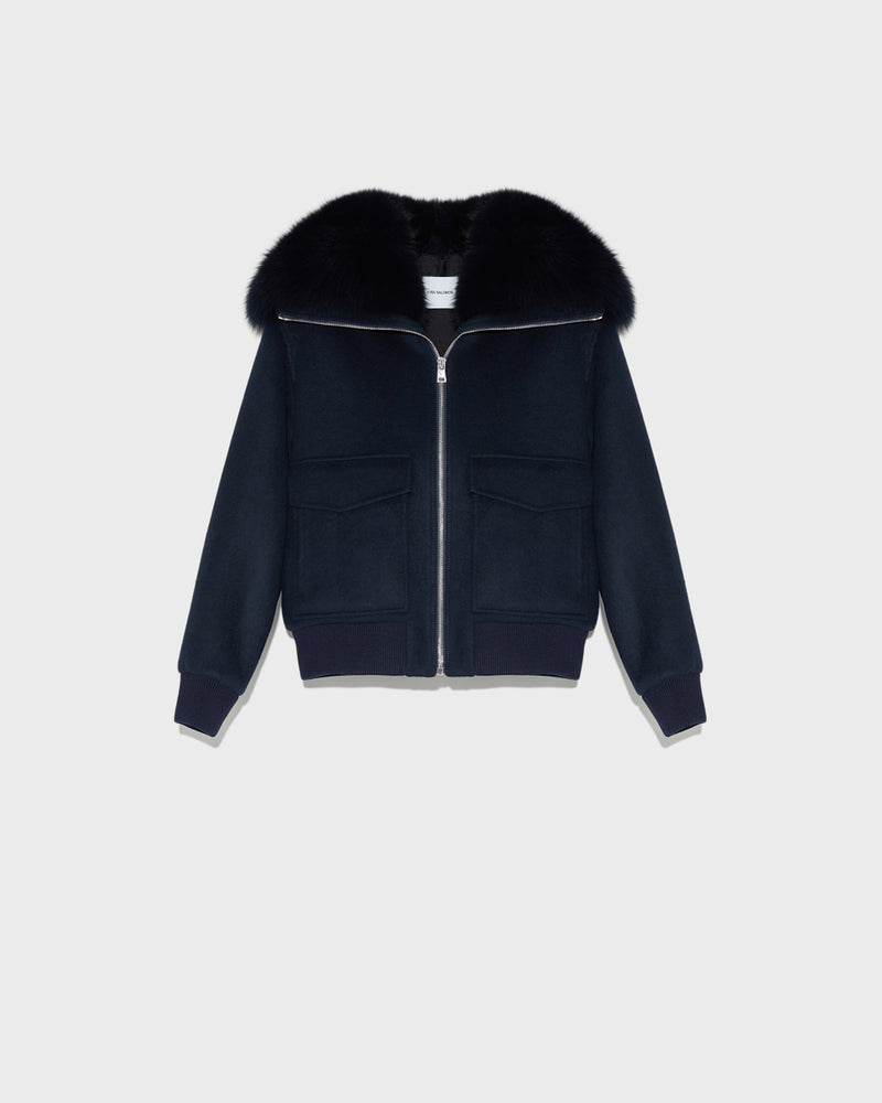 Cropped jacket in cashmere wool with fox fur collar - navy - Yves Salomon