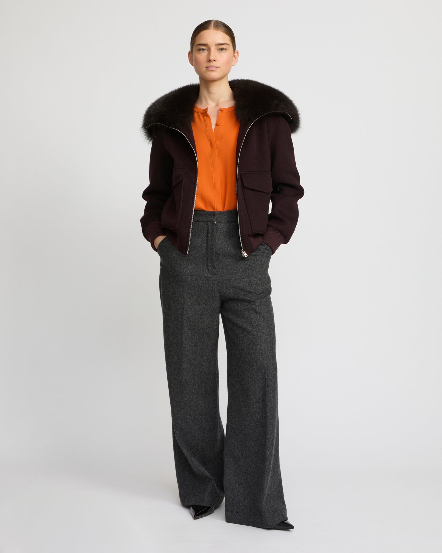 Cropped jacket in cashmere wool with fox fur collar - Yves Salomon