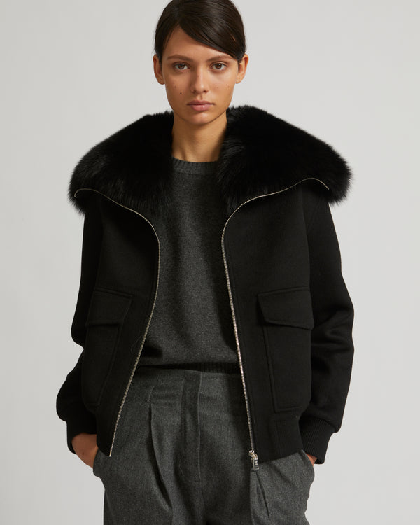 Cropped jacket in cashmere wool with fox fur collar - black - Yves Salomon