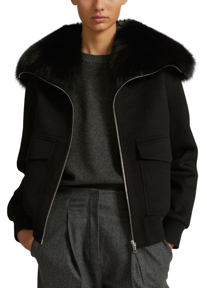 Cropped jacket in cashmere wool with fox fur collar