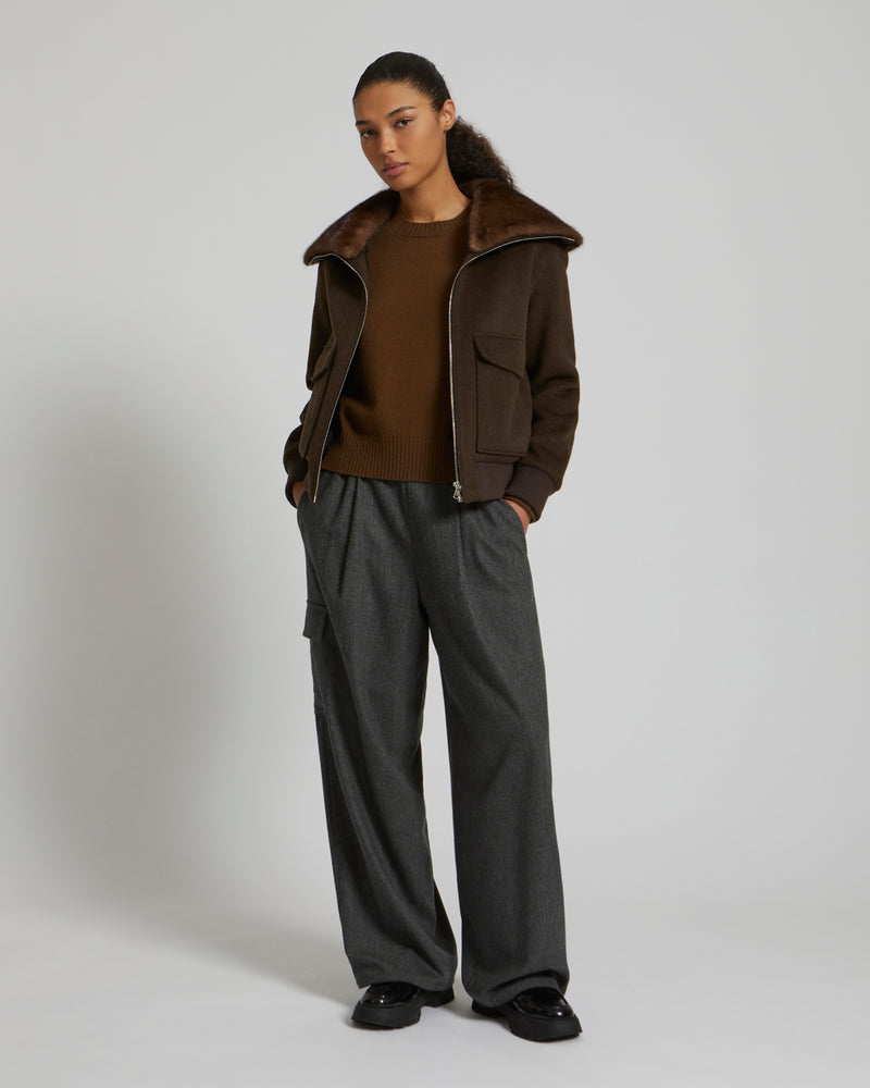 Cashmere wool jacket with mink fur collar - khaki - Yves Salomon