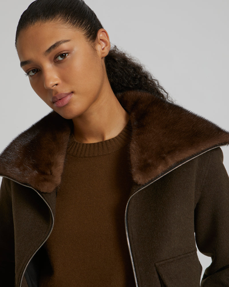Cashmere wool jacket with mink fur collar - khaki - Yves Salomon