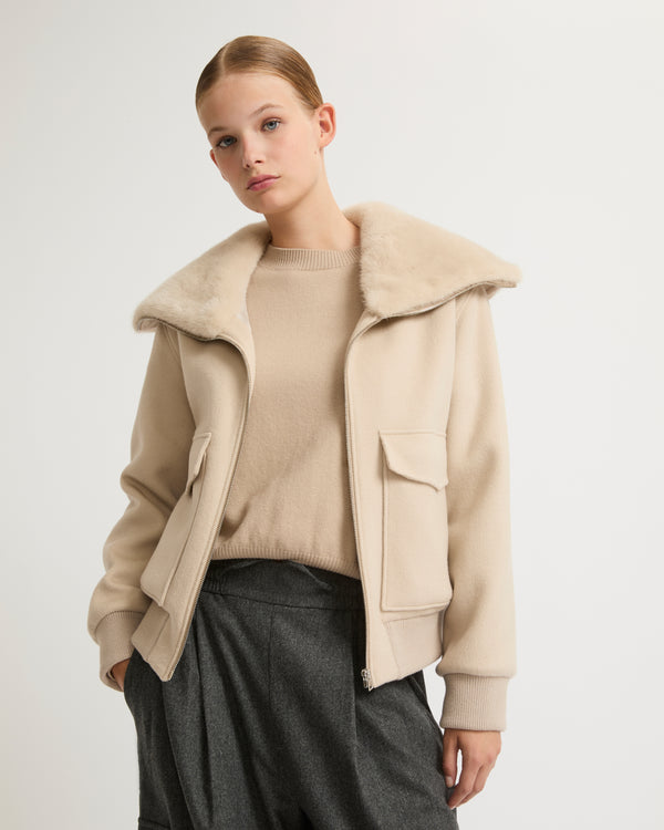 Cashmere wool jacket with mink fur collar - beige - Yves Salomon