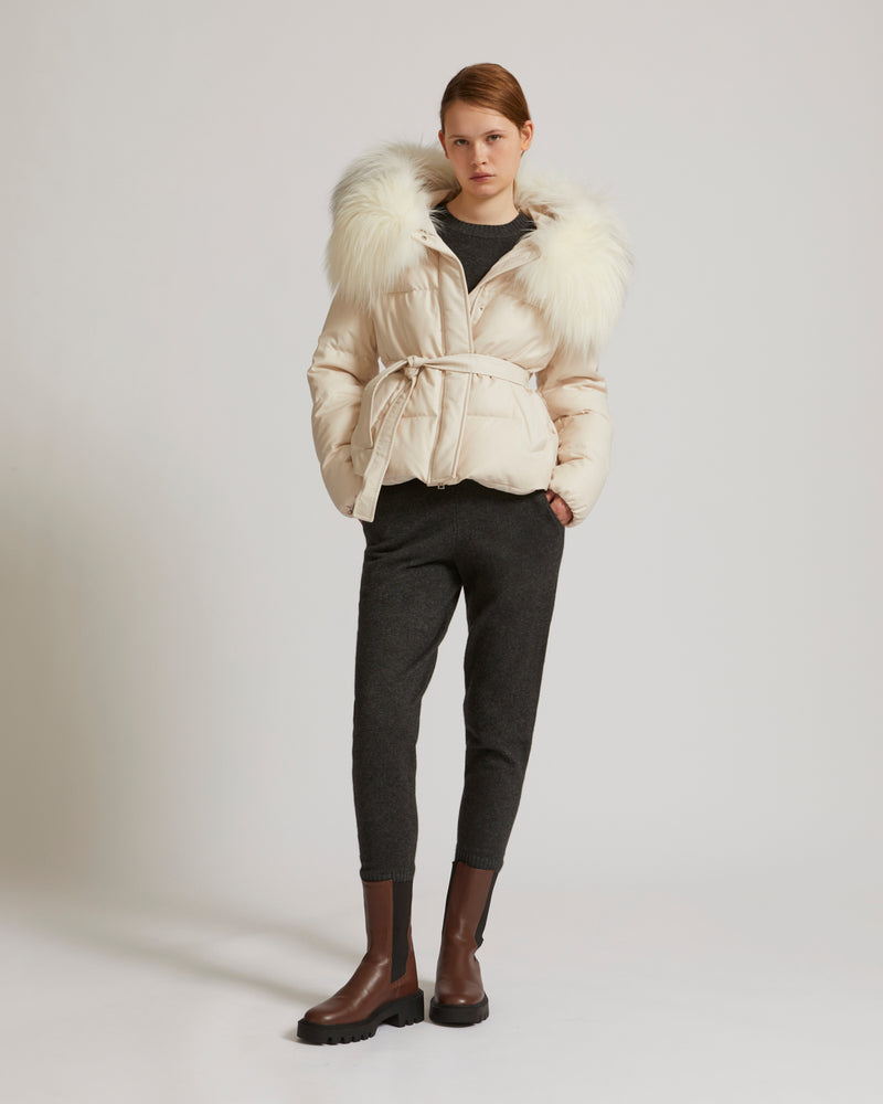 Short down jacket in waterproof flannel fabric with fox hood trim - white - Yves Salomon
