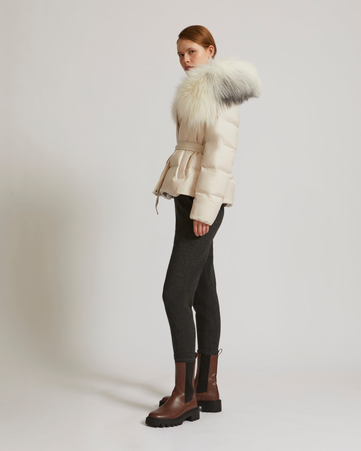 Short down jacket in waterproof flannel fabric with fox hood