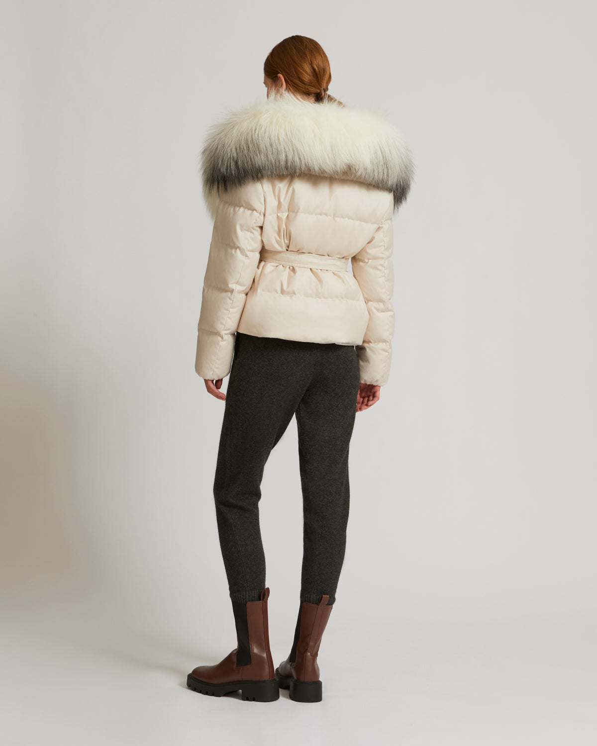 Short down jacket in waterproof flannel fabric with fox hood