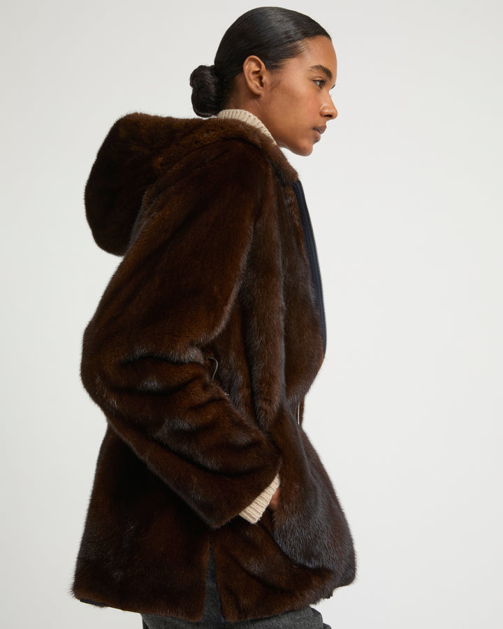Hooded blouson in mink fur reversible technical fabric