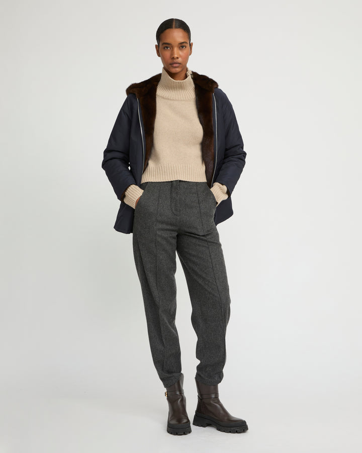 Hooded blouson in mink fur reversible technical fabric