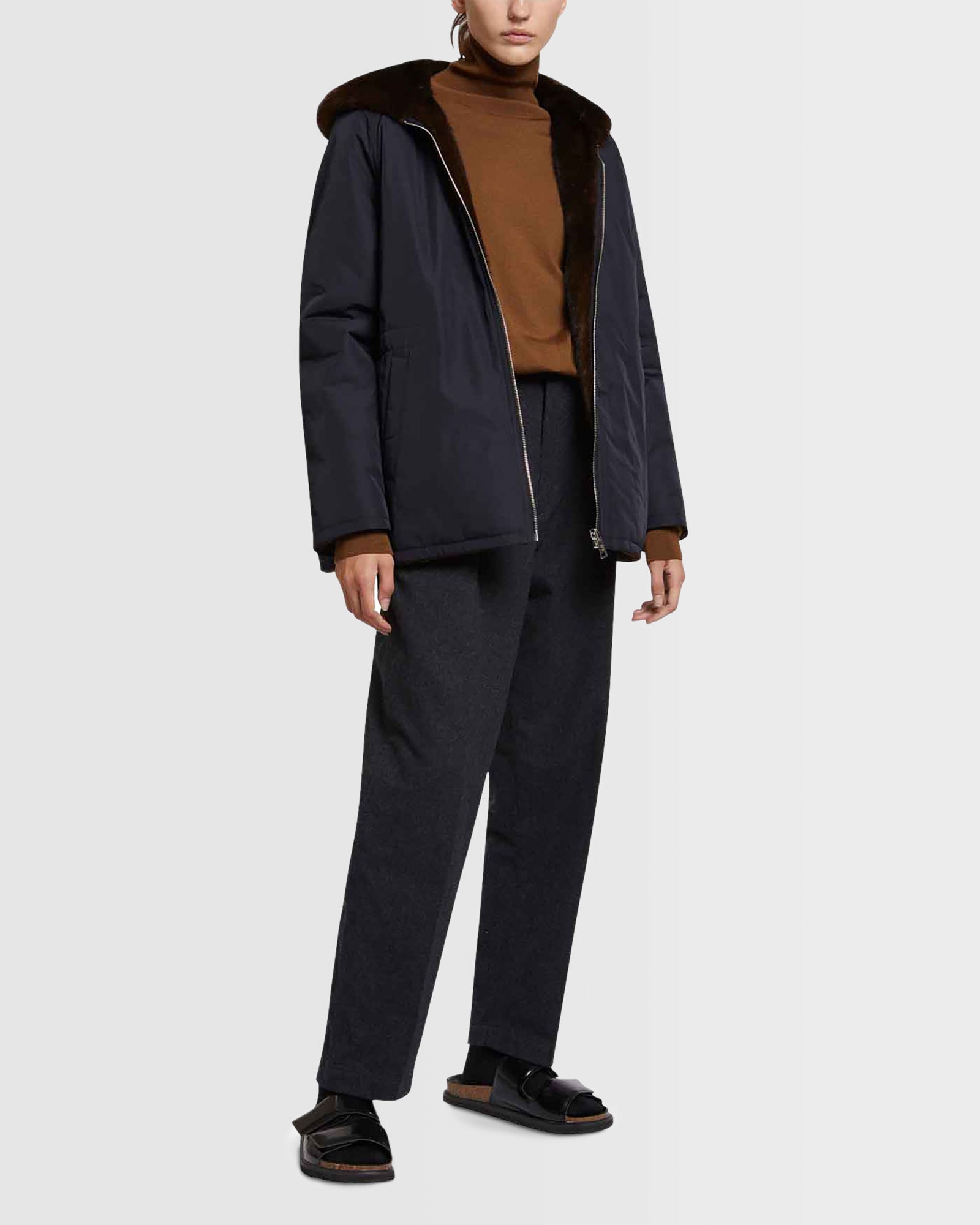 Hooded blouson in mink fur reversible technical fabric