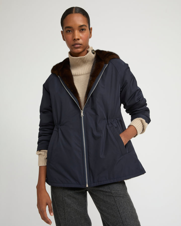 Hooded blouson in mink fur reversible technical fabric