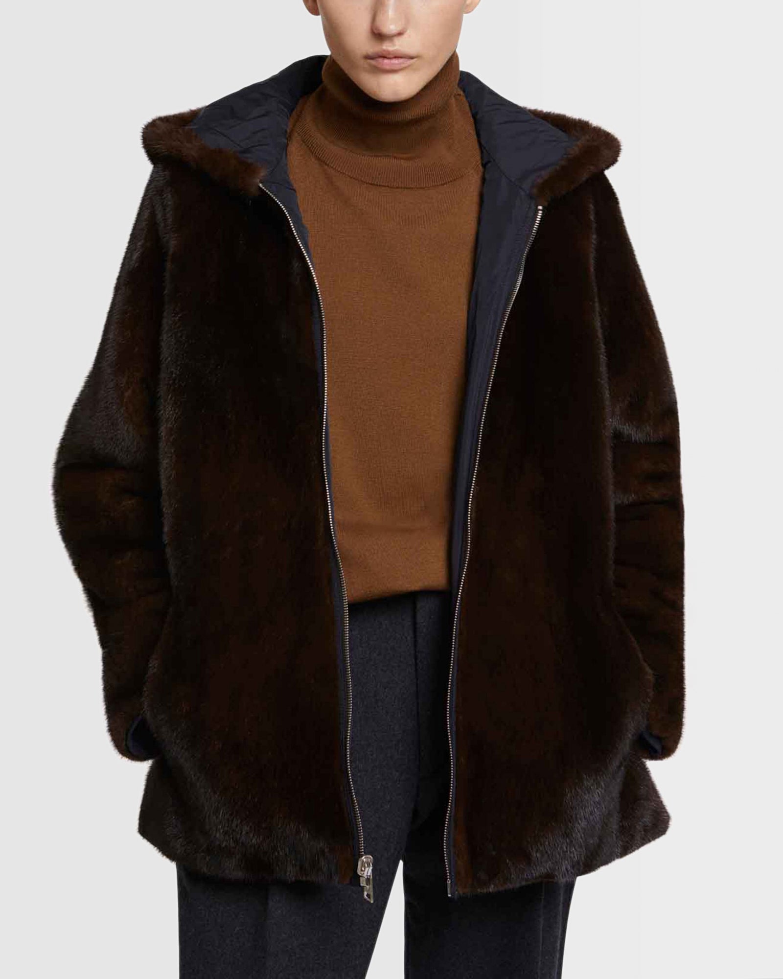 【COLOR iN ID】Fur Detachable Padded Blouson Hooded blouson in mink fur reversible technical fabric