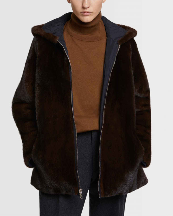 Hooded parka in mink fur reversible technical fabric