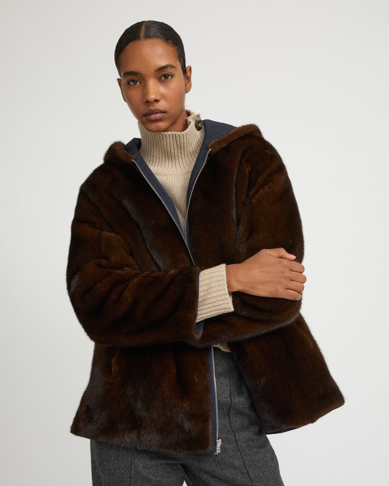 Hooded blouson in mink fur reversible technical fabric - navy