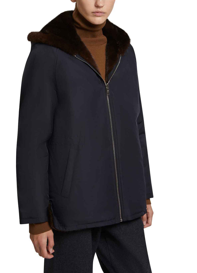 Hooded blouson in mink fur reversible technical fabric