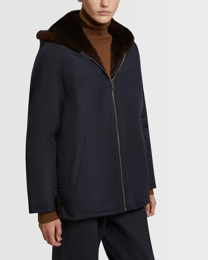 Hooded blouson in mink fur reversible technical fabric