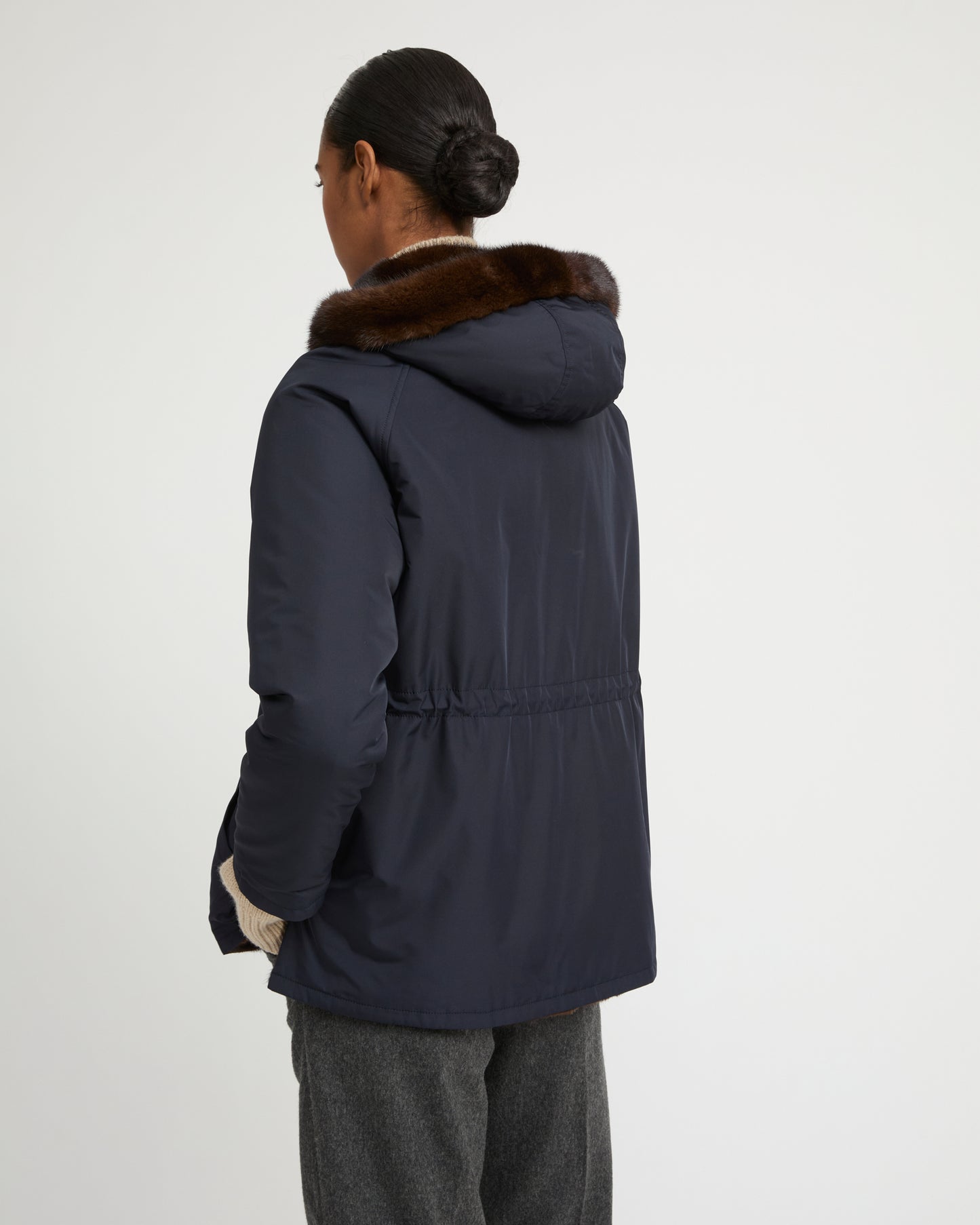 Hooded blouson in mink fur reversible technical fabric