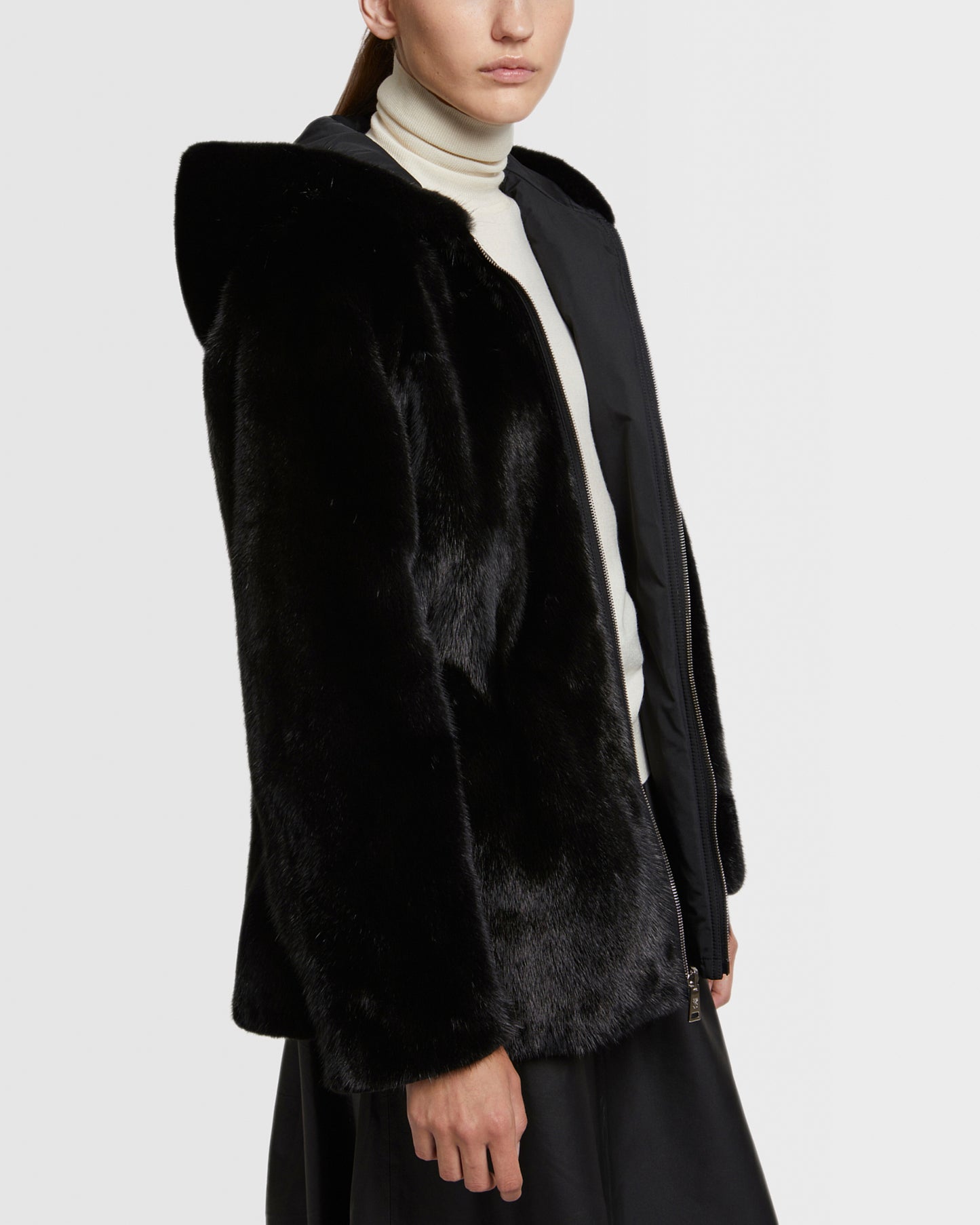 Hooded blouson in mink fur reversible technical fabric