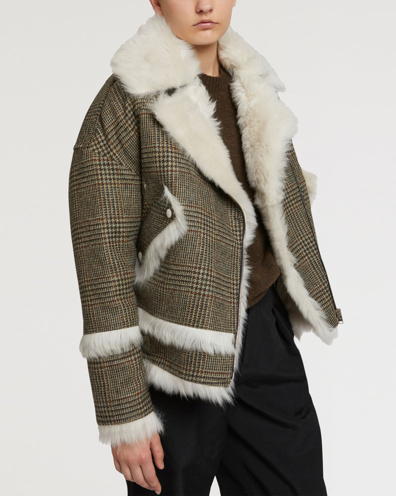 Woollen fabric and shearling biker jacket