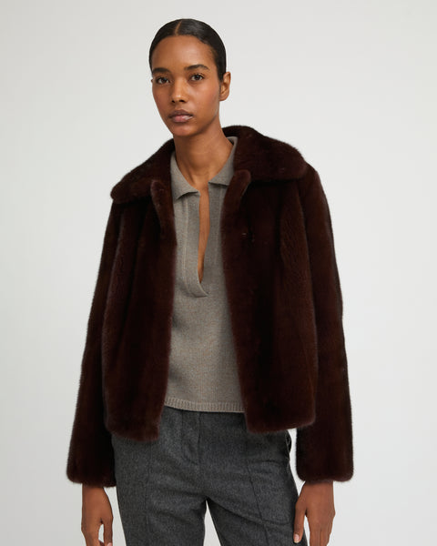 ジャケット・アウター TELOPLAN timon short coat Short jacket in long-haired mink fur - burgundy - Yves Salomon