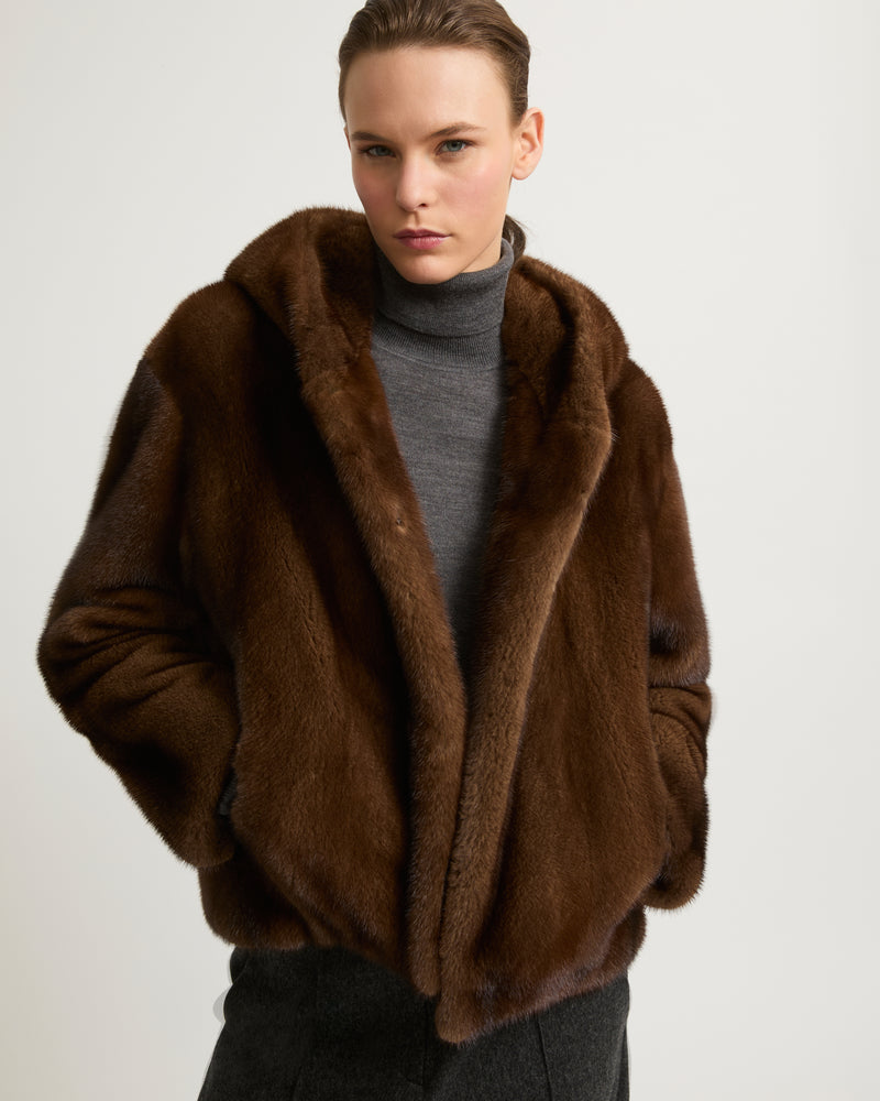 Hooded jacket in long-haired mink fur - brown - Yves Salomon