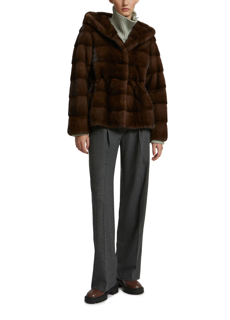 Hooded jacket in long-haired mink stripes