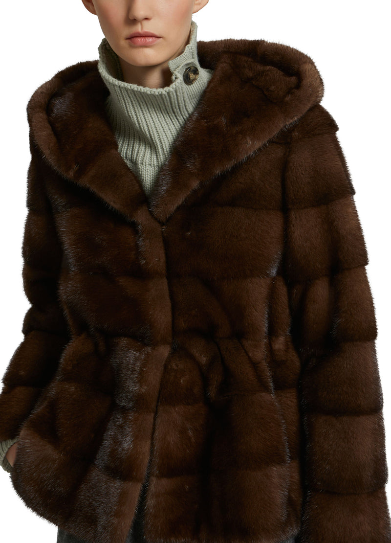 Hooded jacket in long-haired mink stripes