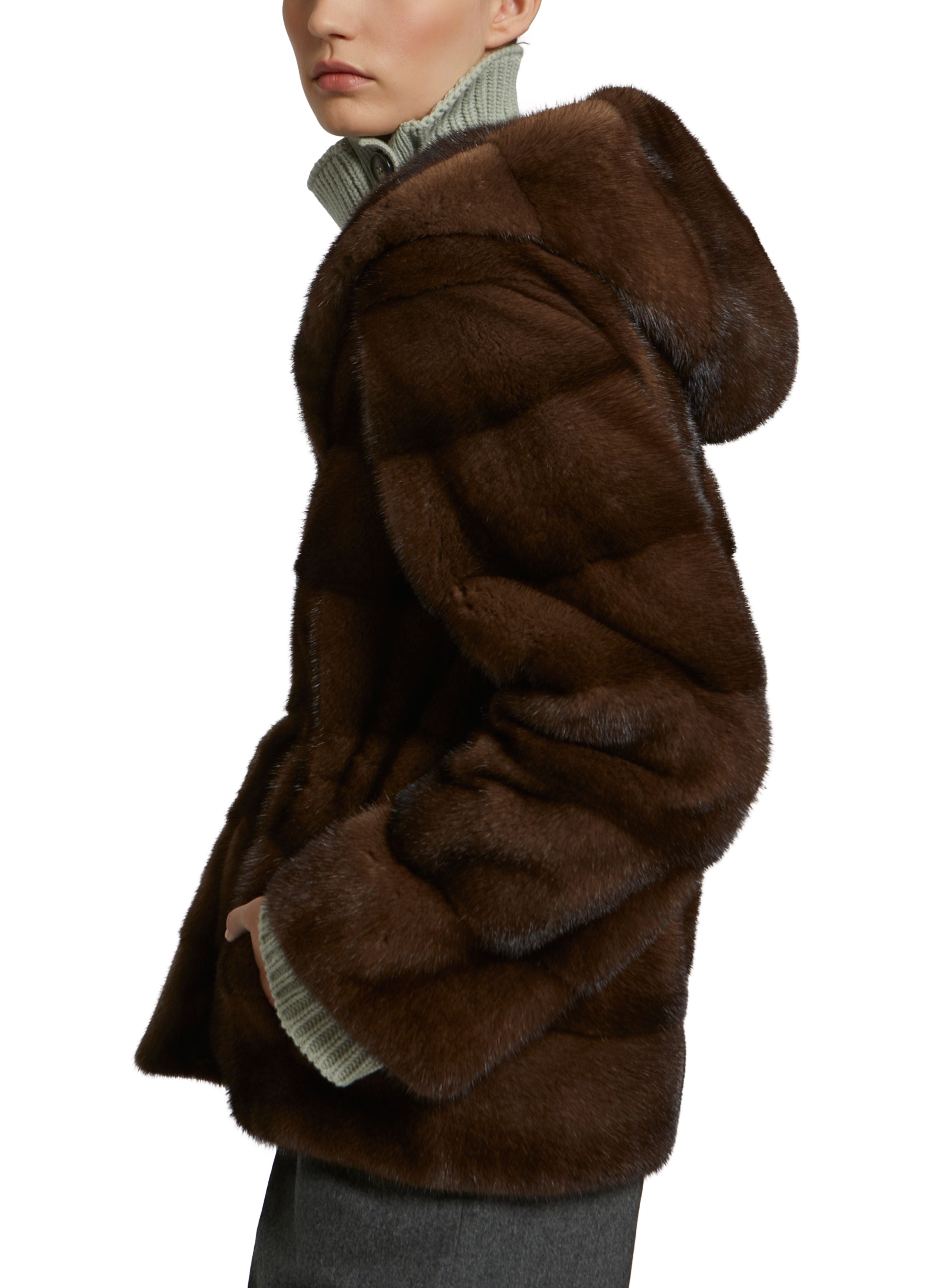 ♦️Yves Salomon♦️イブサロモン　ムートンコート　ブラウン　エトゥープ系 Hooded jacket in long-haired mink stripes - brown - Yves