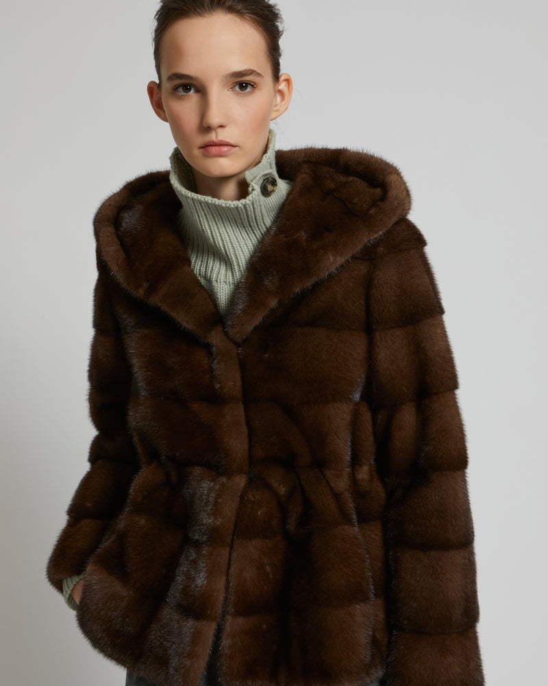 Hooded jacket in long-haired mink stripes - brown - Yves Salomon