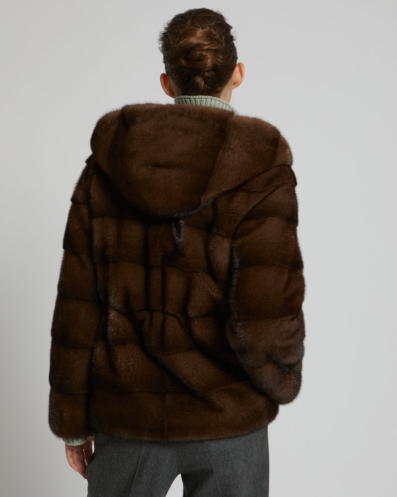 Hooded jacket in long-haired mink stripes - brown - Yves Salomon