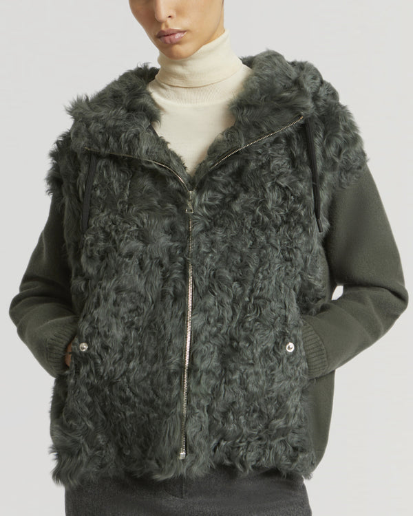 Hooded jacket in knit and curly lamb-Yves Salomon-Winter sale & boxing day