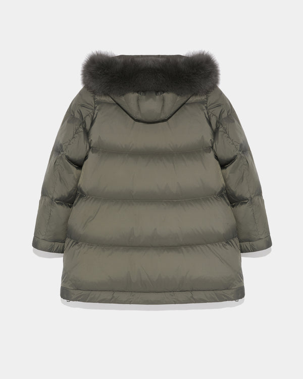 “A” line hooded down jacket with fox fur