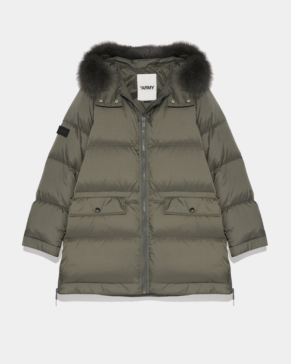 “A” line hooded down jacket with fox fur