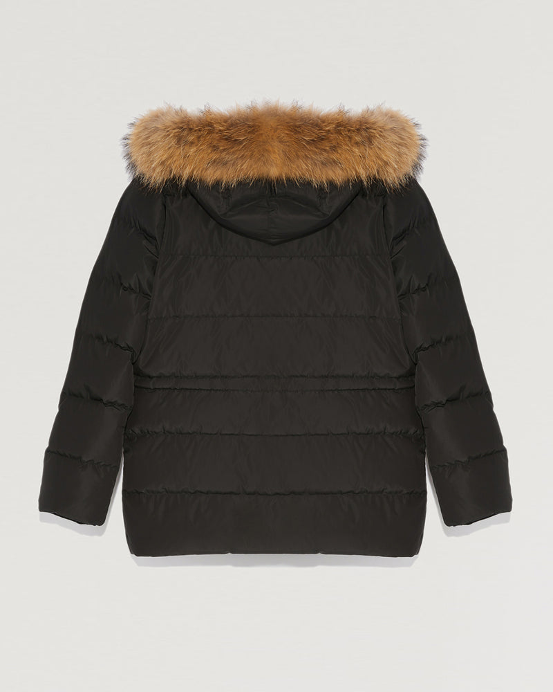 Hooded down jacket with marmot fur