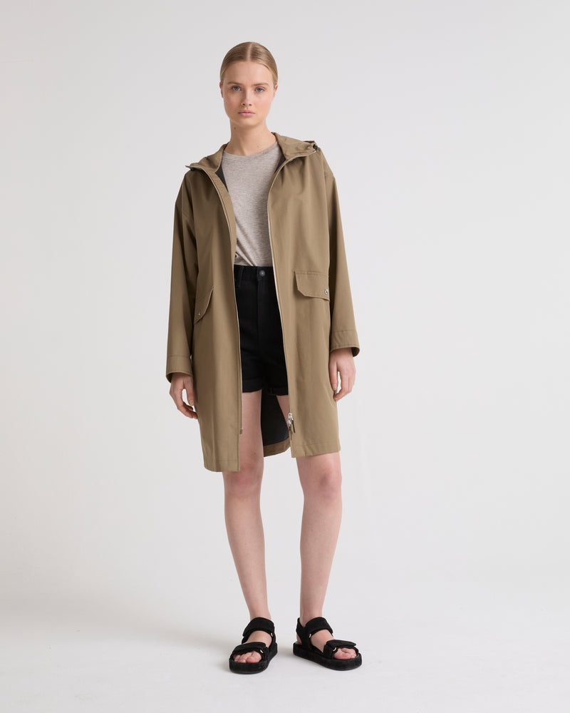 Long parka in technical cotton-mix fabric