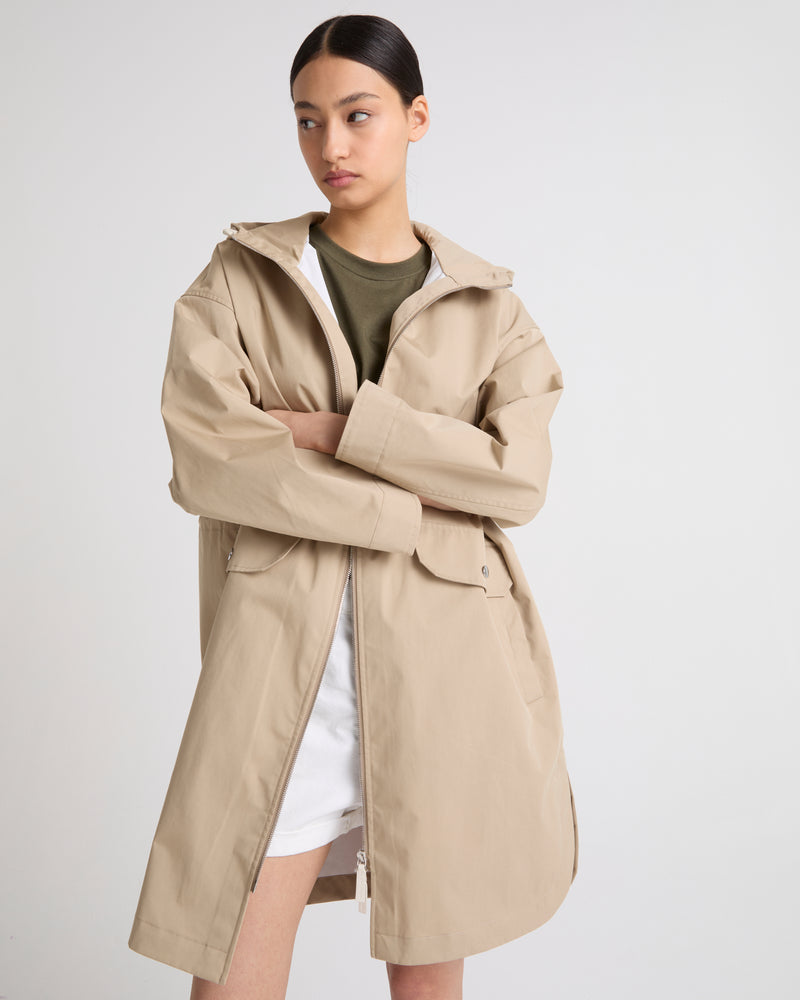 Long parka in technical cotton-mix fabric