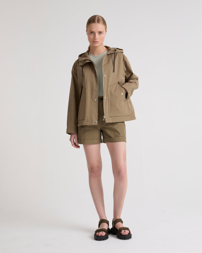 Short parka in technical cotton-mix fabric